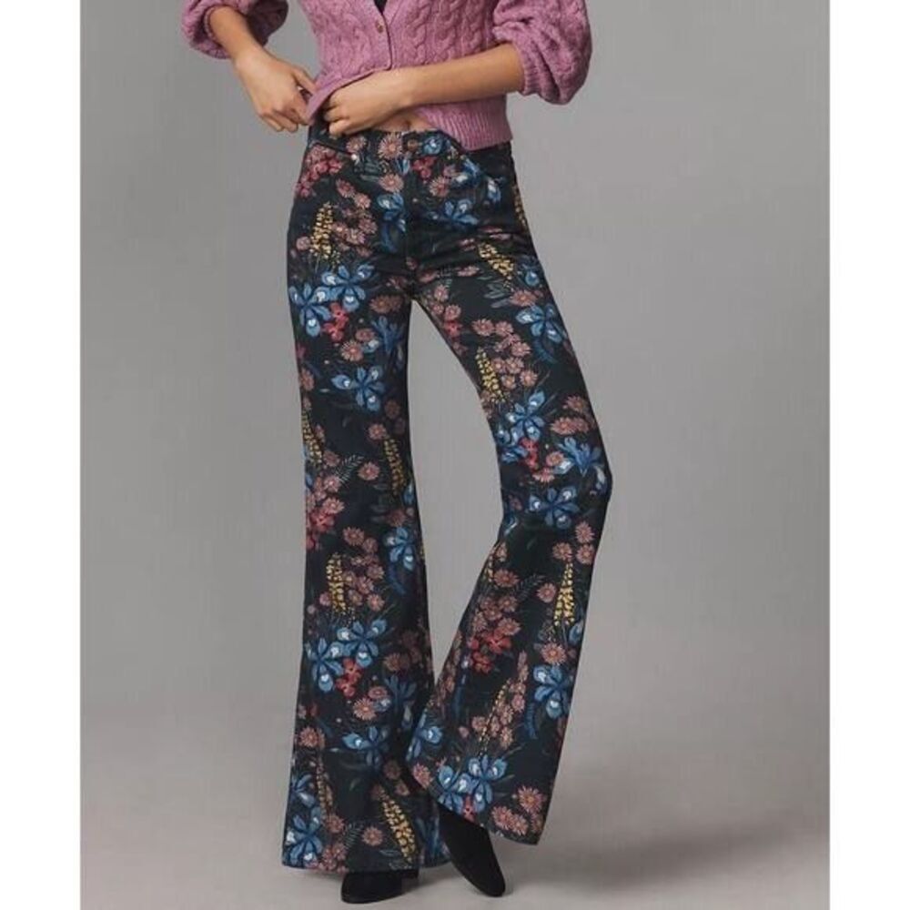 Anthropologie Wrangler Wanderer 622 High Rise Flare Jeans 35x32 Floral Cotton